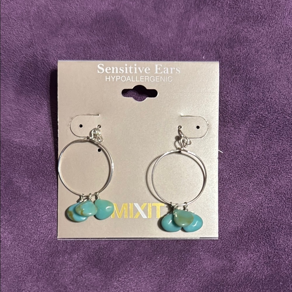 Mixit Silver and Blue Hoop Earrings with Turquoise Charms